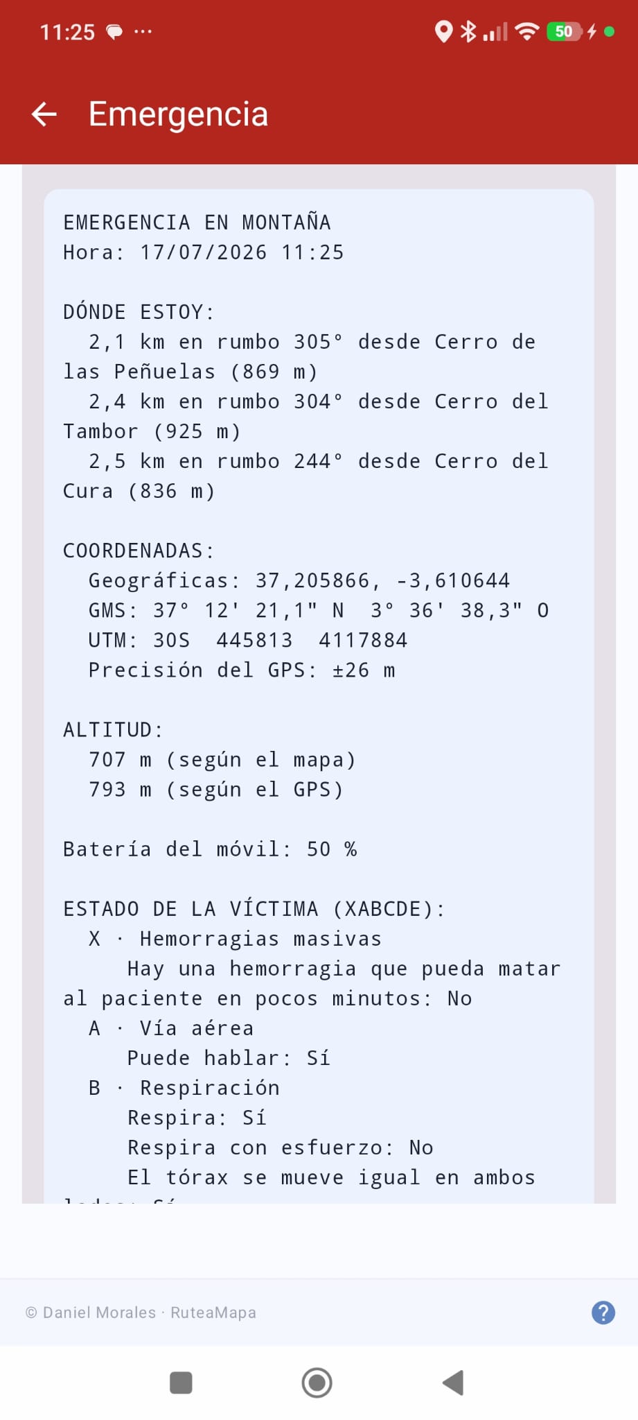 Ficha de emergencia con coordenadas y protocolo XABCDE