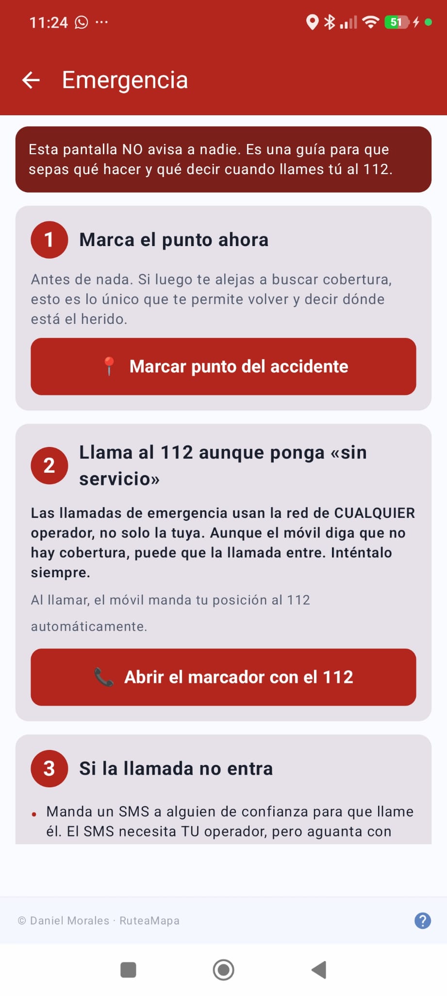 Pantalla de emergencia con pasos de actuación