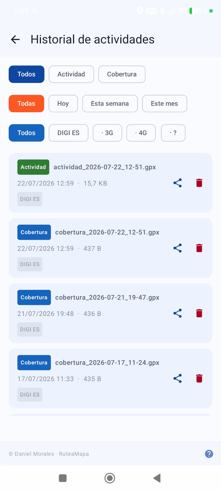Historial de actividades organizado por fecha