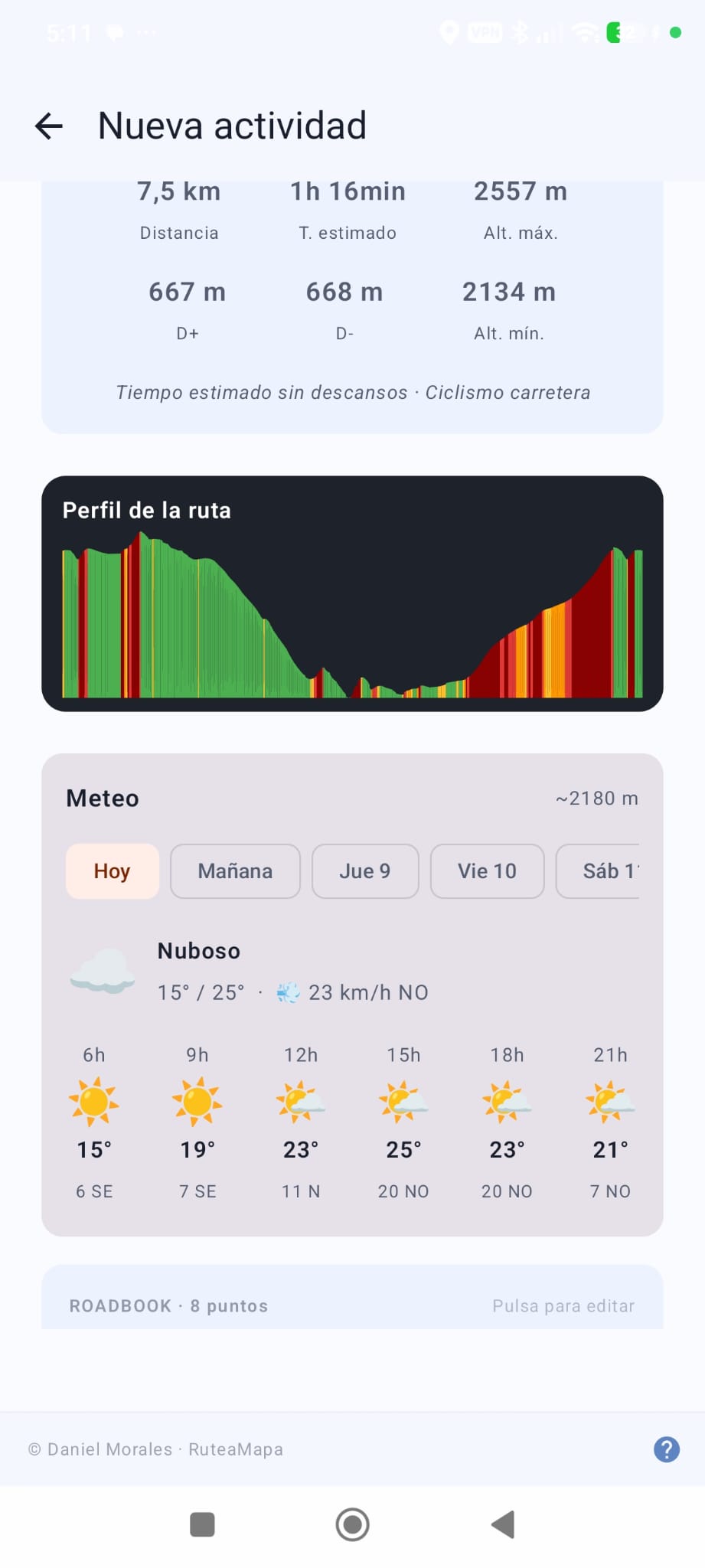 Previsión meteorológica por tramos de la ruta