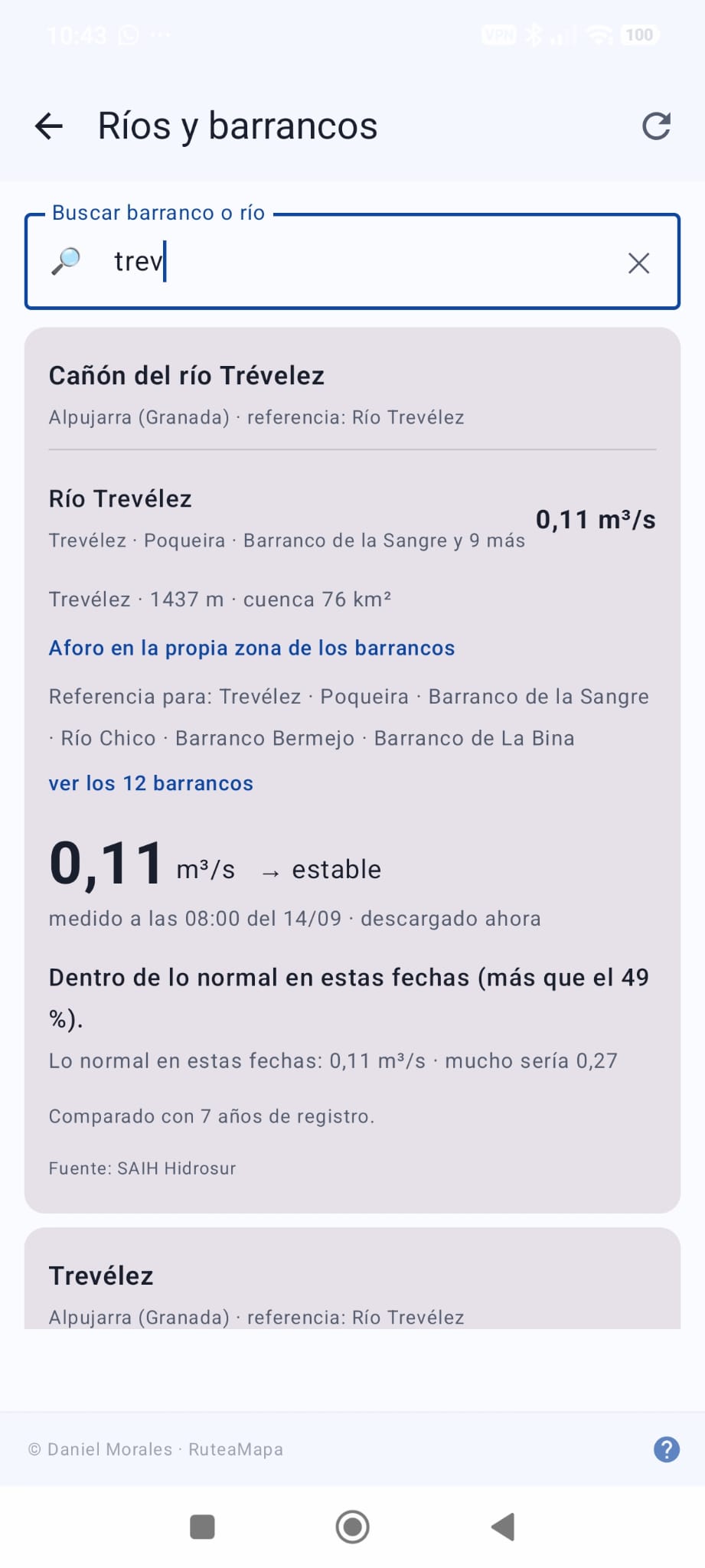 Ficha de caudal del río Trevélez con percentil histórico y buscador de barrancos