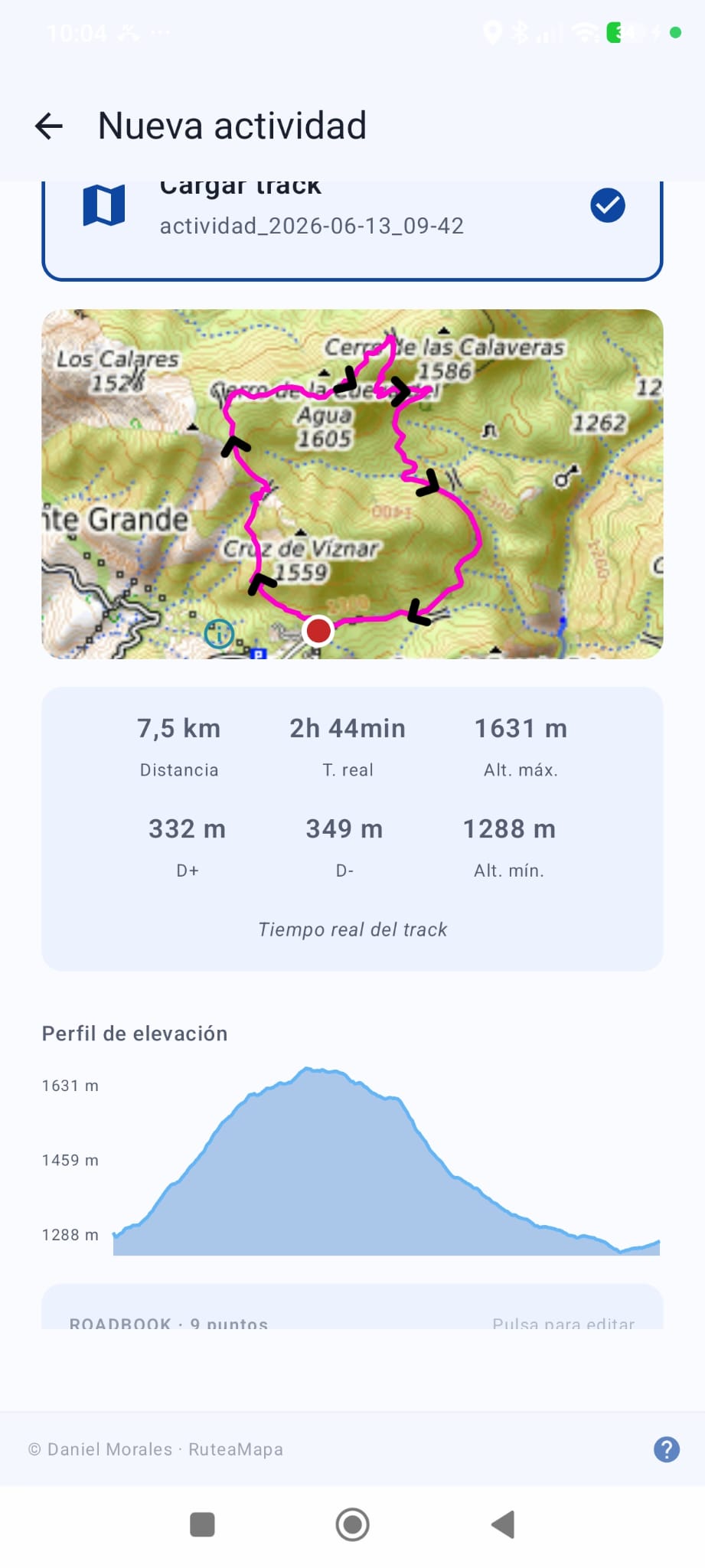 Resumen de actividad con track y perfil de elevación
